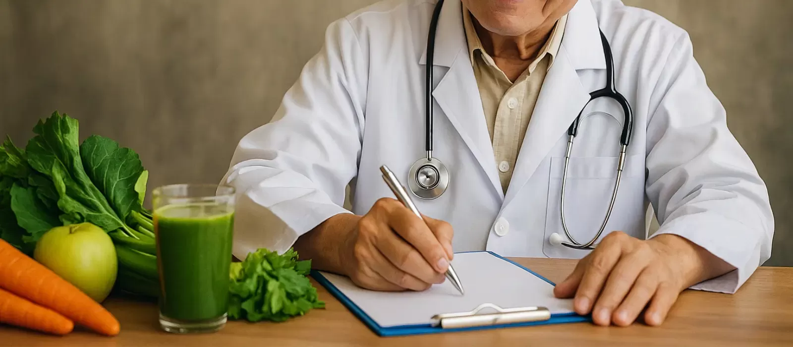 หมอสำราญยกแก้วน้ำผักสีเขียว–ส้ม กับผักสดหลากสีบนเคาน์เตอร์ไม้