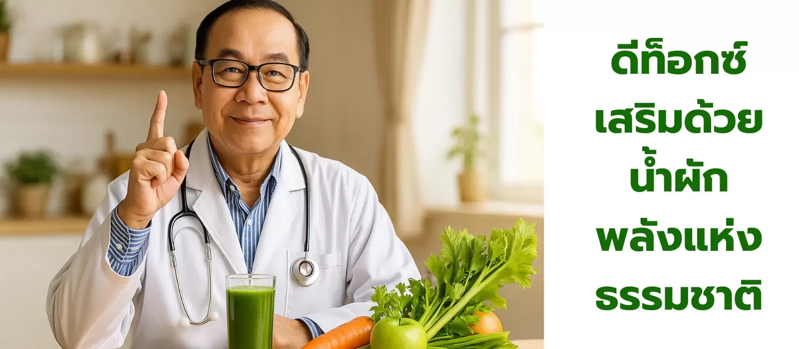 ผักผลไม้รวมกับแก้วน้ำผักสีเขียว–ส้ม บนเคาน์เตอร์ไม้